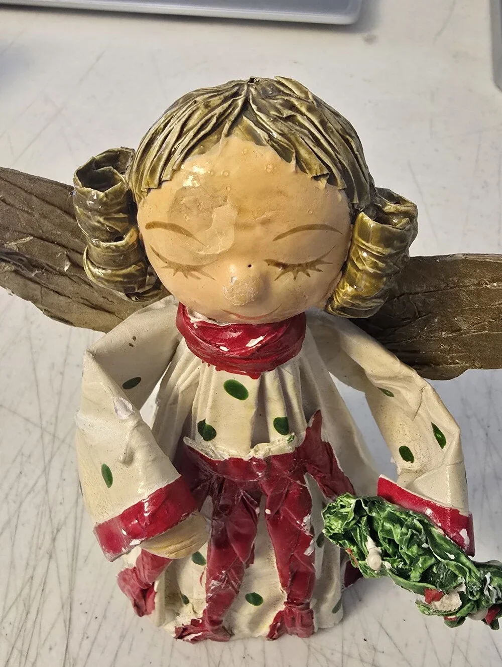 Vintage Paper Mache Angel Holding Wreath Tree Table Topper Handmade 6